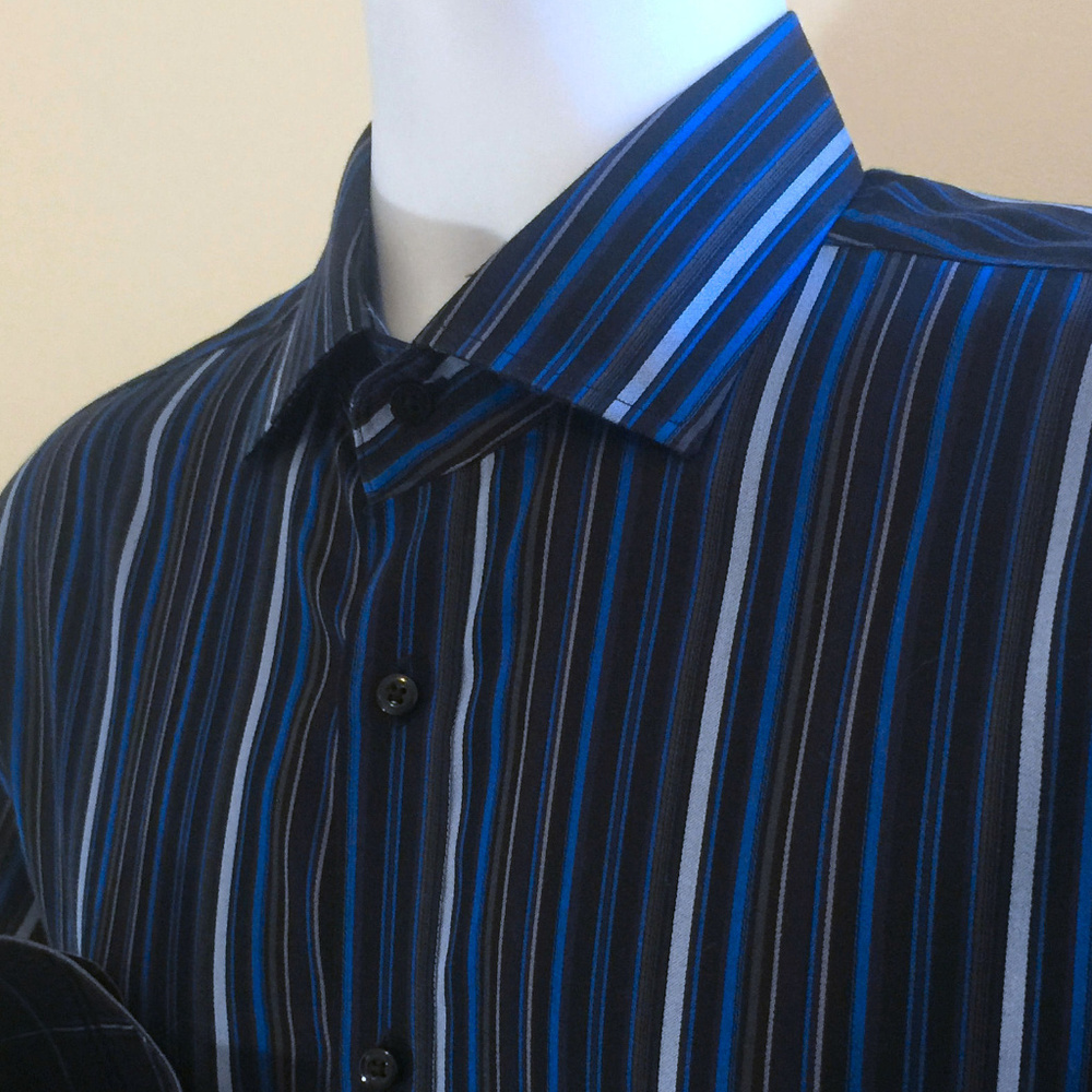 Thomas Dean & Co Blue & Black Striped Dress Shirt